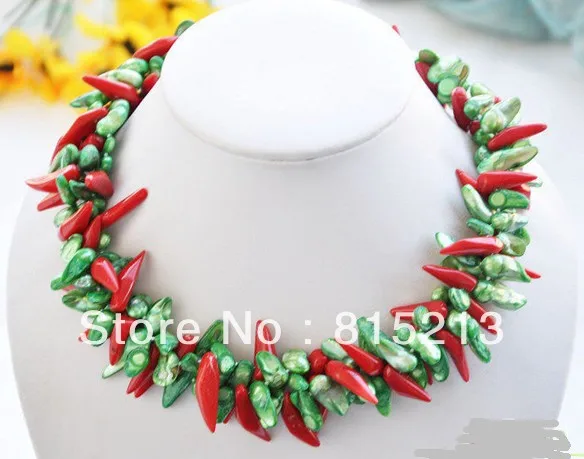 

FREE SHIPPING>@@> N332 3row 18" green baroque pearl red paprika coral necklace