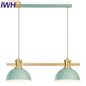 

IWHD 2 Heads Modern Pendant Light LedFashion Kitchen Iron Hanging Lamp Home Lighting Fixtures Bedroom Wood Suspension Luminaire