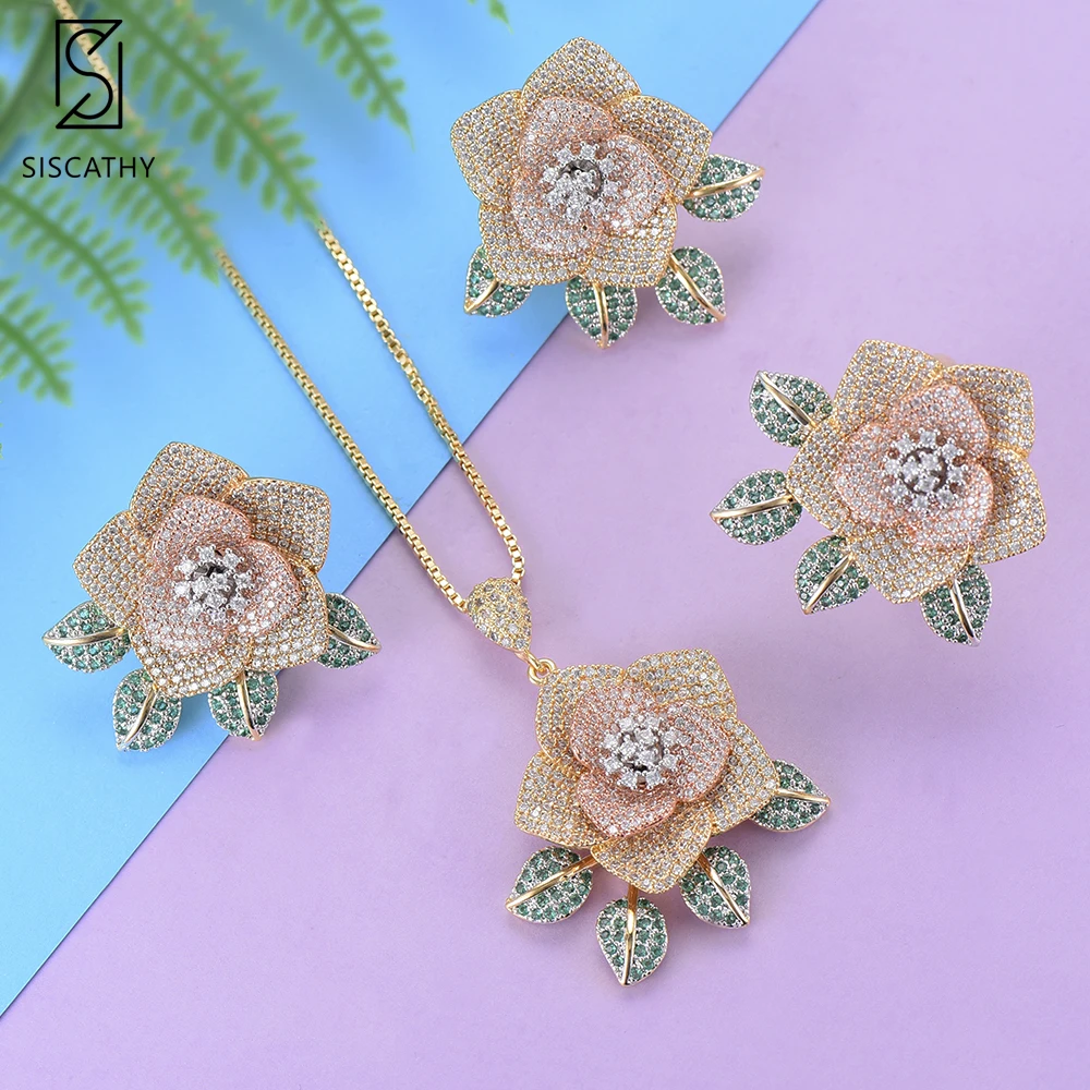 

SISCATHY Flower Shape Dubai Wedding Necklace Stud Earrings Ring Jewelry Sets CZ Inlaid Jewelry ethiopian jewelry