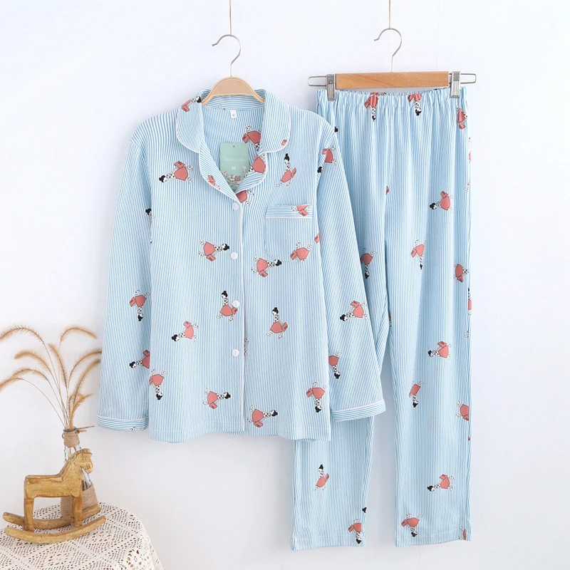 women spring striped cotton pajamas sets (6)