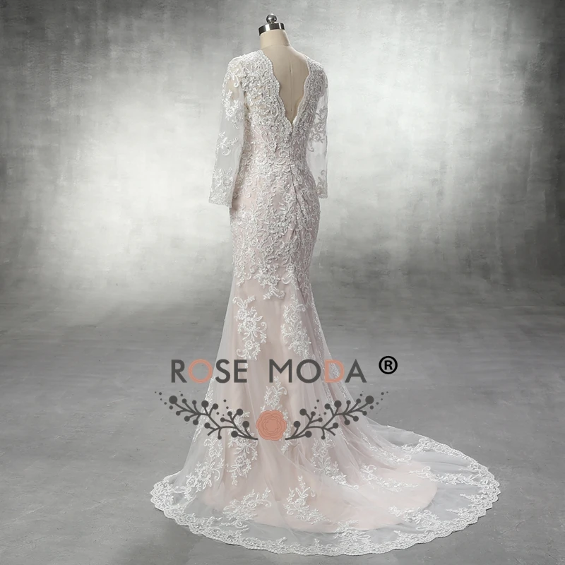 Роза Moda одежда с длинным рукавом Кружева свадебное платье цвета слоновой кости более Румяна Свадебные платья Русалочки