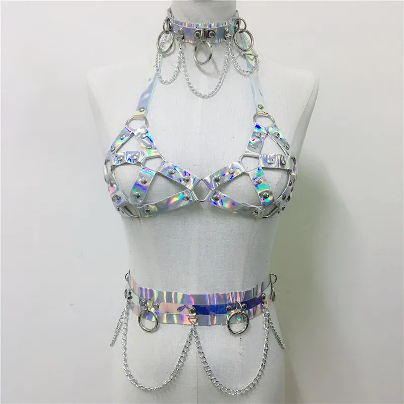 

Goth Collar Choker Sexy Women Lingerie Harness O Ring Link Chain Bra Garter Club Party Laser Pu Belts Outfits Rave Festival Set