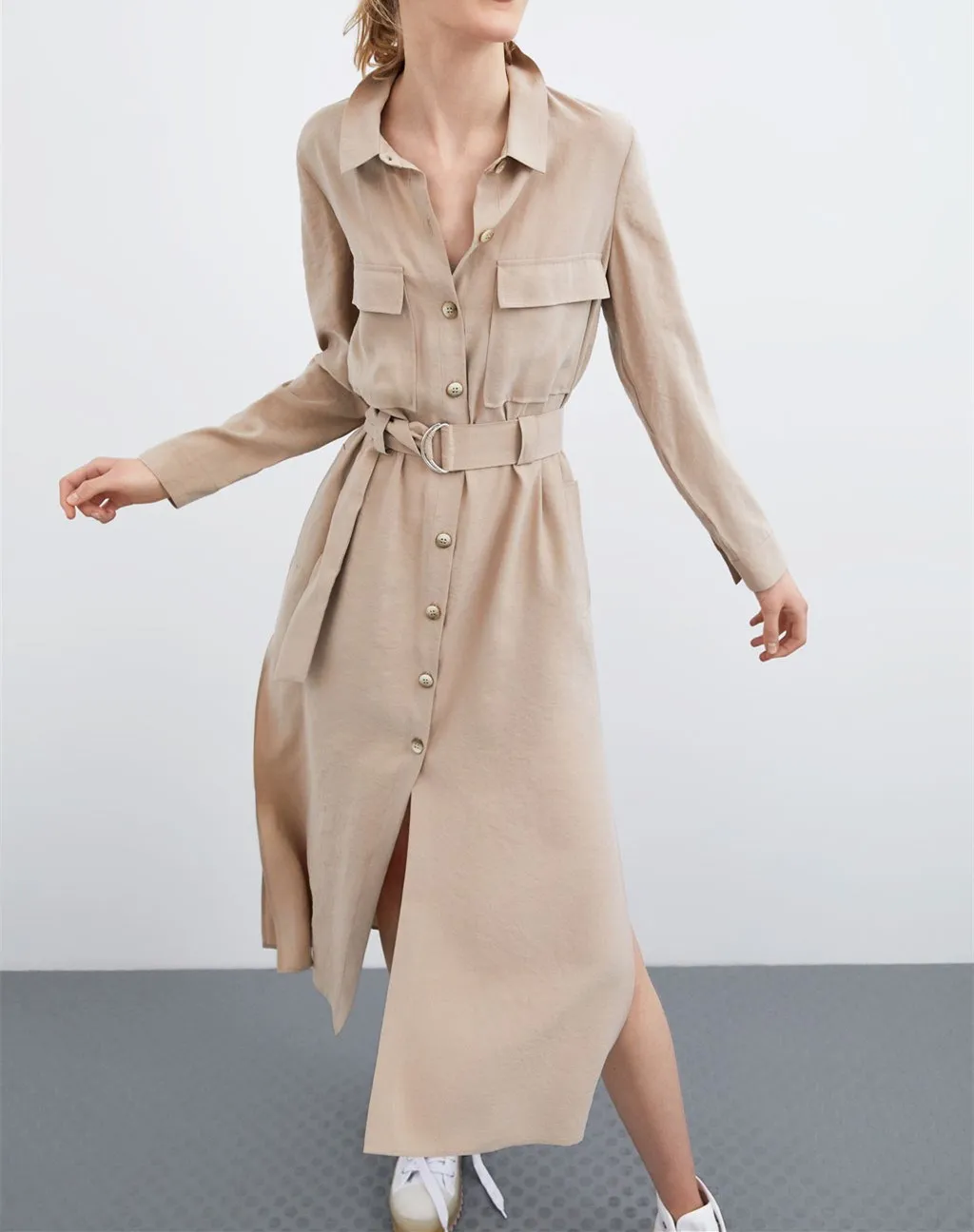 2019 Spring Summer Women Long Sleeve Pocket Casual Trench Turn-Down Collar Long Windbreaker Buttons Belt Solid Coats