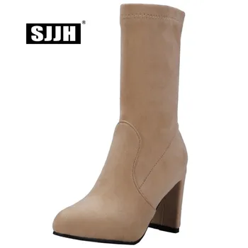 

SJJH Women Mid-Calf Boots with Point Toe High Chunky Heels Slip-on Short Plush Chelsea Boot Fashion Formal Shoes Large Size Q580