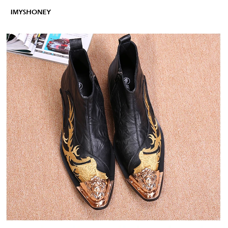 

Genuine Leather Men Boots Fashion Sewing Pointed Toe Zip Mens Ankle Boots The Embroidery Decoration Gold Color Metal