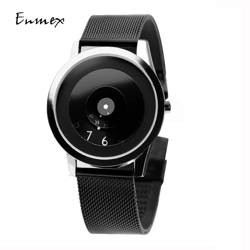 

2018 Enmex creative style steel band wristwatch Truth in fiction special design discs hands fashion brief casual quartz watch