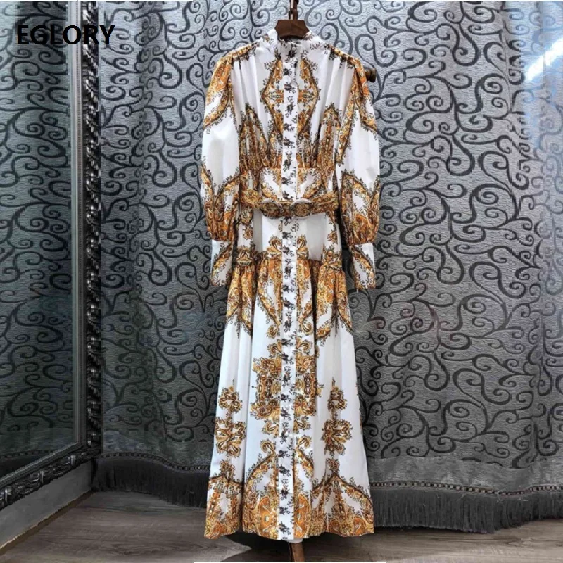 

2019 Spring Autumn Long Dress High Quality Women Exquisite Buttons Vintage National Style Print Long Sleeve Maxi Dress Belt