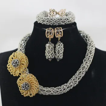 

African Fashion Silver Jewelry Set Gold Flower Pendant Necklace Set Choker Bride Beads Jewelry Set Gift Free Shipping QW344