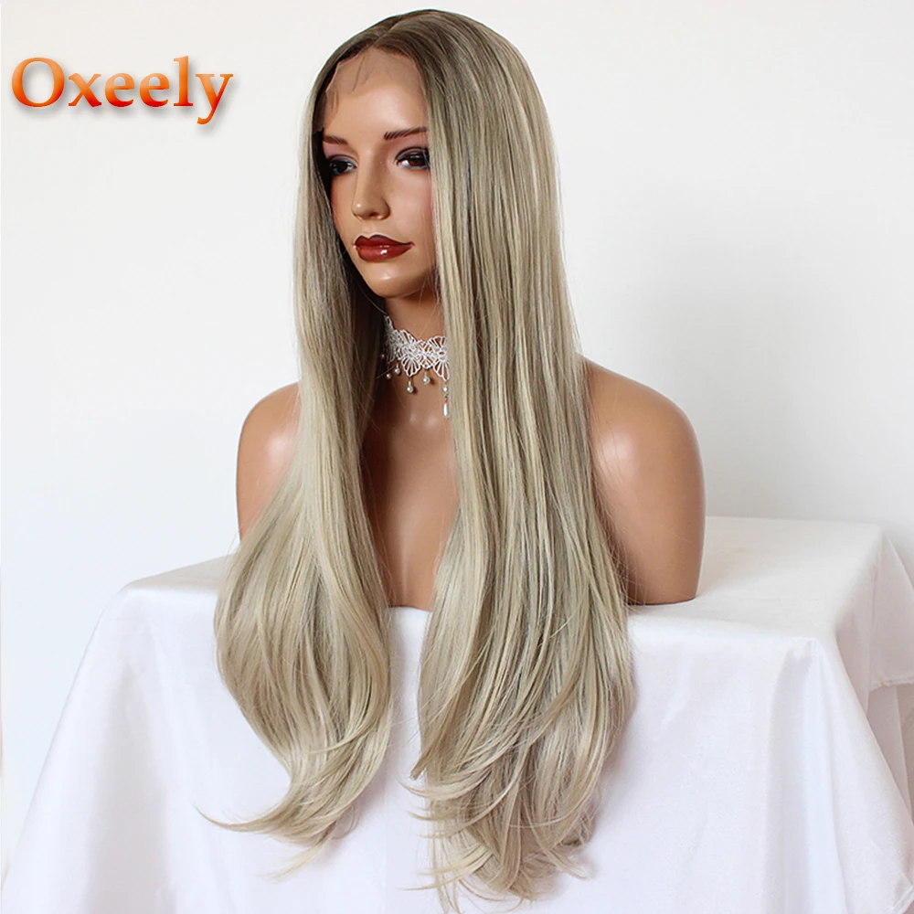 Oxeely Платина блонд длинные прямые волосы синтетические волосы на фронте парики бесклеевая#613 мягкие волосы парики термостойкие для черных женщин