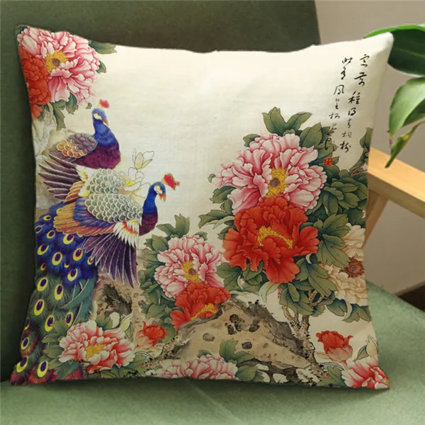 Китайские классические декоративные льняные Чехлы для подушек с павлином, цветные наволочки с павлином, чехол для дивана, автокресла, текстильные изделия - Цвет: 1