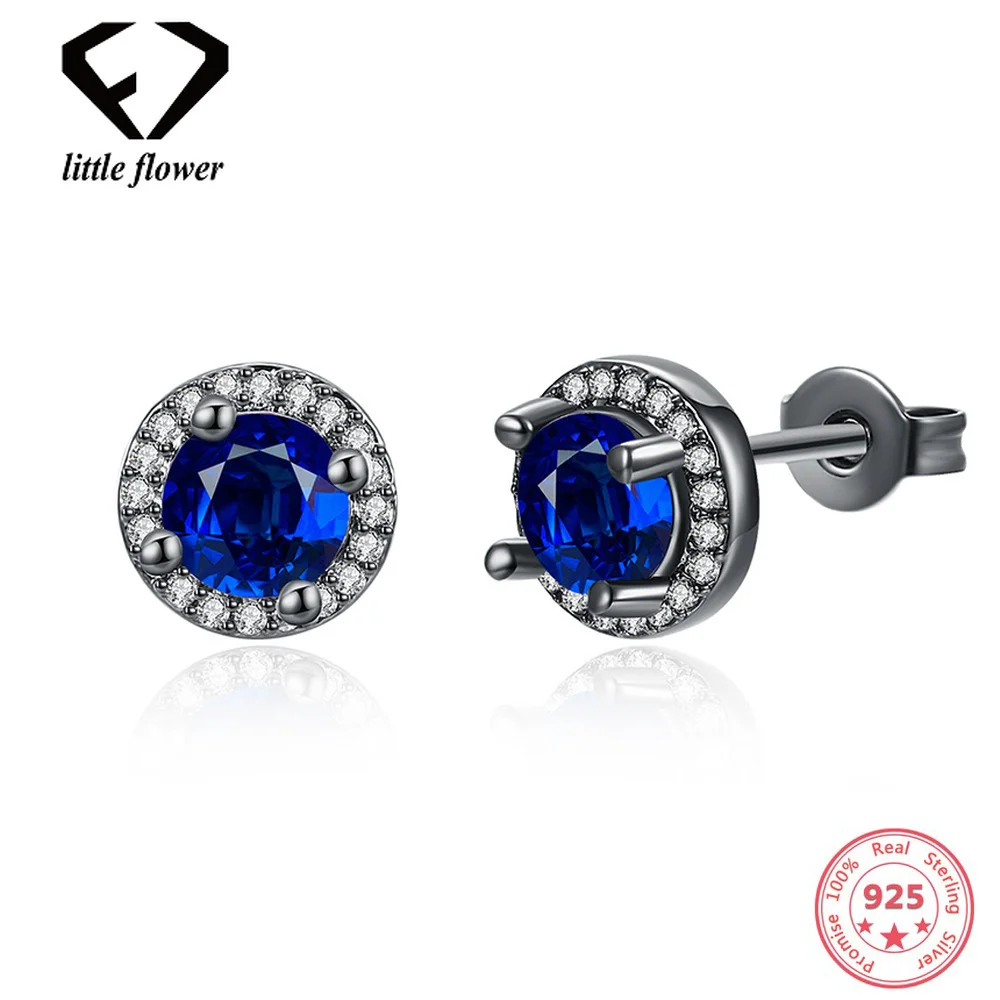 Round Blue Diamond Stud Earrings for Women Sapphire Black Color Fine Jewelry perola Kolczyki Orecchini Brincos Bizuteria Earring