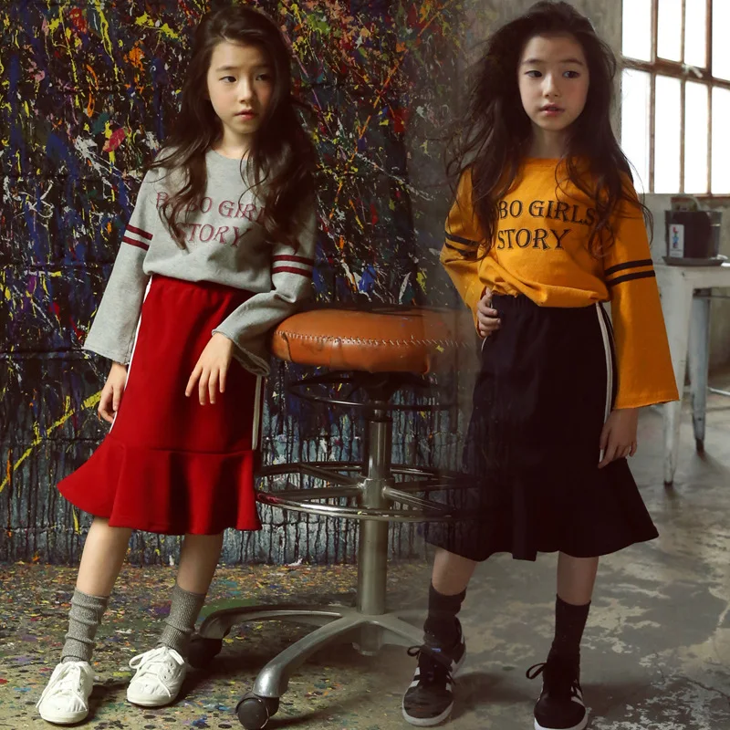 

Spring Autumn 2Pcs Teens Girl Clothes Set T-shirt Tops + Flounced Skirt Girls Outfits Child Suit Teenages Clothing Sets CA446