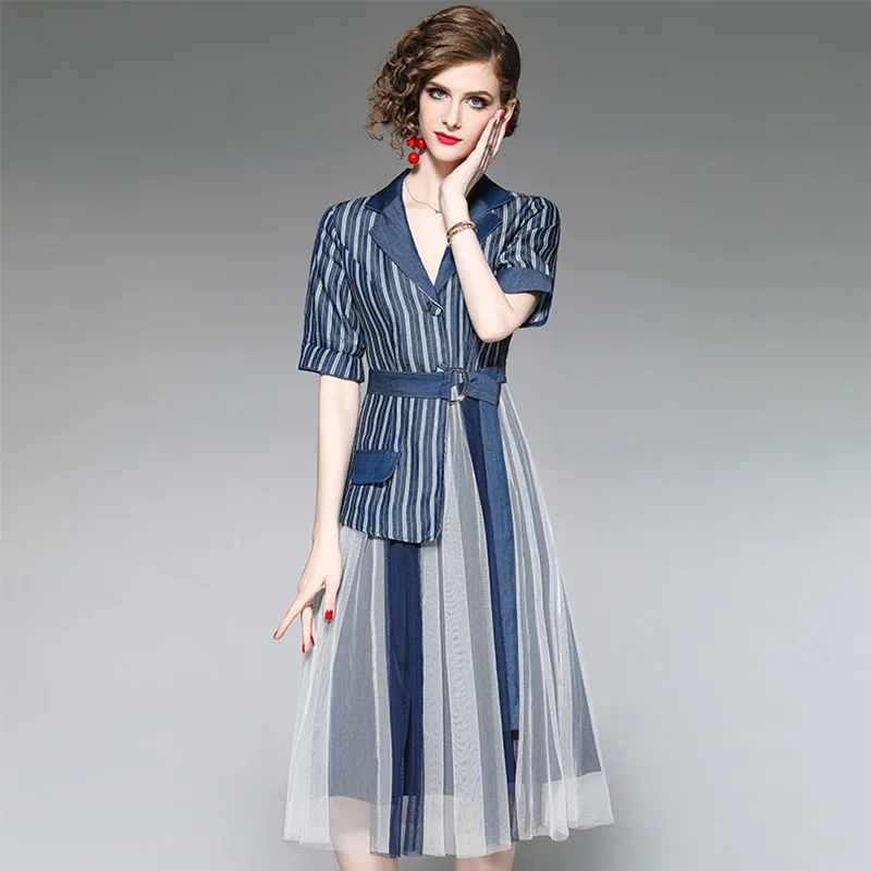 

Striped Suits Women Two Pieces Set V Neck Fabric Half Sleeves Sashes Pockets High Waist Skirt New Fashion Style