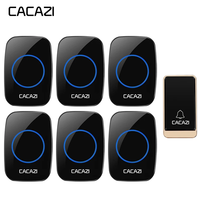 

CACAZI Self-powered Wireless Doorbell Waterproof No battery LED light EU Plug Cordless DoorBell 1 Button 6 Receiver 200M Remote