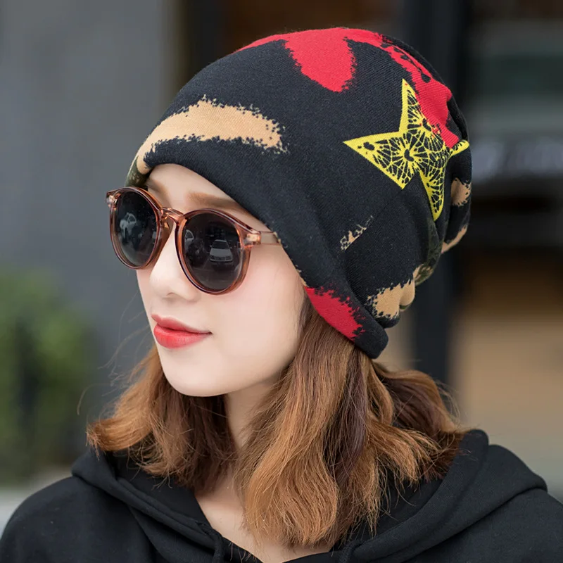 

Knit adds fleece to keep warm head cap ear guard four season wear beanies double use women hats accessories star strip print
