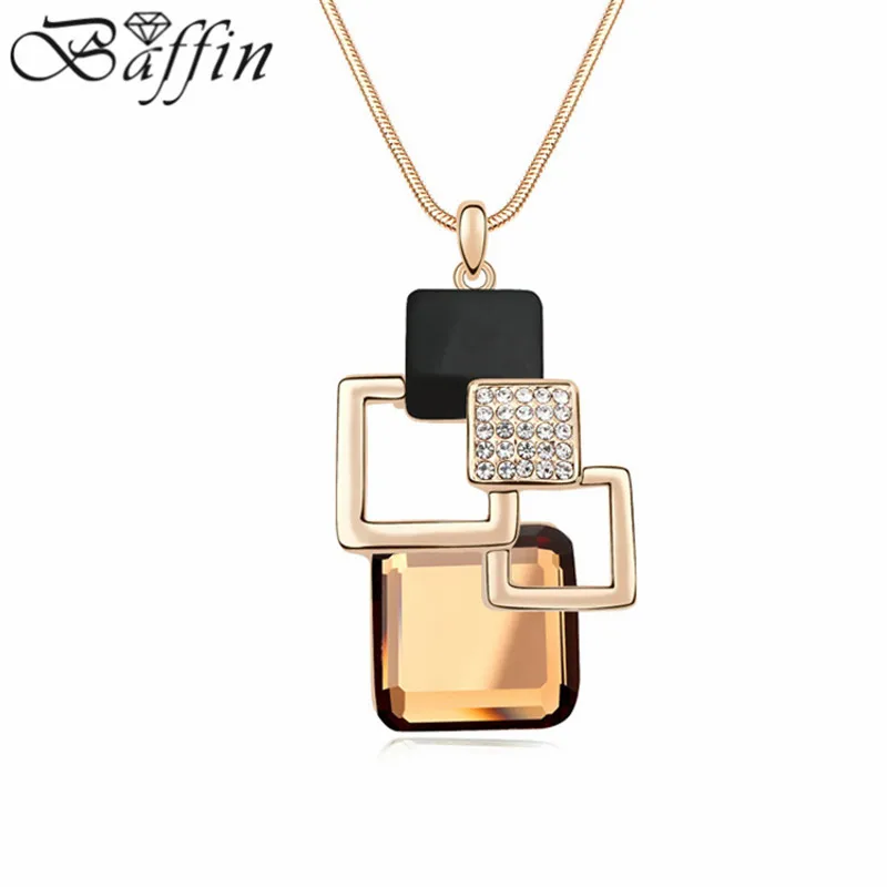 

Hot Austrian Crystal Geometric Pendant Necklace Made with Gold Color Long Chain Collier Vintage jewelry