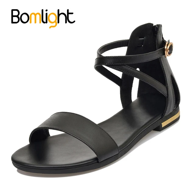 Bomlight New Genuine Leather Women Sandals Fashion Sweet Women Flats Heel Sandals Casual Buckle Strap Women Shoes Black Size 43