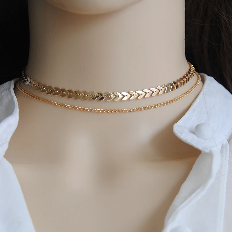 Multi Arrow Choker Necklace Women Two Layers Necklaces Gold Color Fishbone Airplane Necklace Flat Chain Chocker On Neck Jewelry