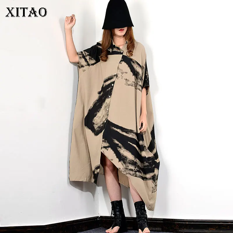 

XITAO Tide Irregular Graffiti Print Vintage Dress Women Clothes 2019 Pocket Midi Dress Turn Down Collar Summer Fashion ZLL3674