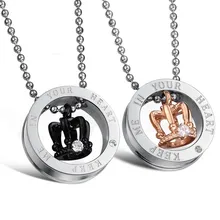 Free shipping fashion jewelry classic 316L Stainless steel Inlaid Rhinestone lovers Crown pendant necklace