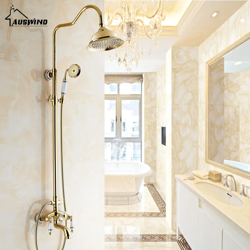 

Antique Rose Gold Plated Shower Gold Shower Set Brass Faucet With Black And White Pattern Decoration Porcelain Shower