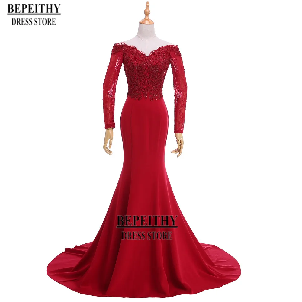 Elegant Sweatheart Off The Shoulder Red Evening Dress Long Sleeve Cheap Mother Of The Bride Dresses Robe De Soiree Real Photos Elegant Sweatheart Off The Shoulder Red Evening Dress Long Sleeve Cheap Mother Of The Bride Dresses Robe De Soiree Real Photos