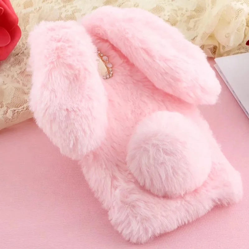 

For Meizu U20 U10 M6 M5 M3 M2 Note M5S M5C S6 15 Plus M15 T6 Plush Bunny Soft Fur Fluffy Cute 3D Rabbit Ears Diamond Case Cover