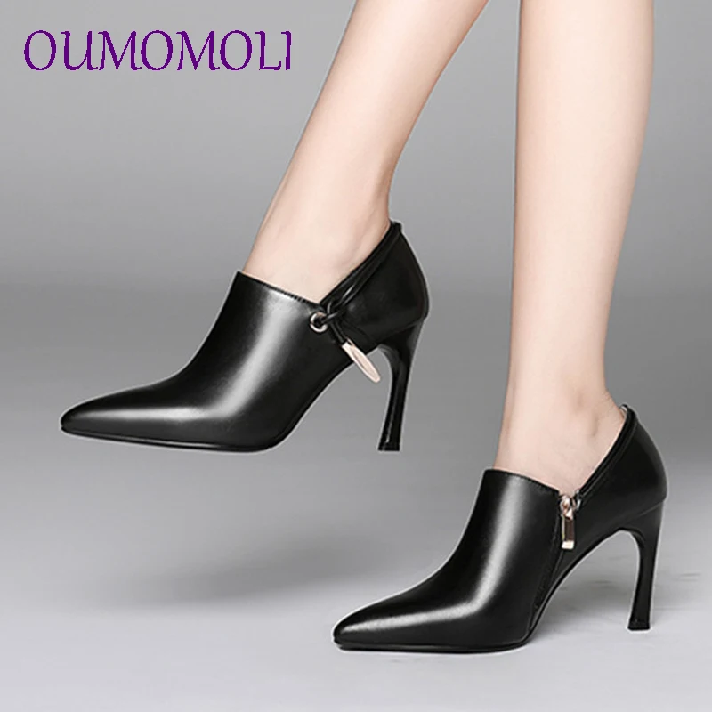 

Concise Women Ankle Boots Genuine Leather Pointed Toe Thin Heels Boots Black Beige Shoes Woman Ankle boots Size 33-39