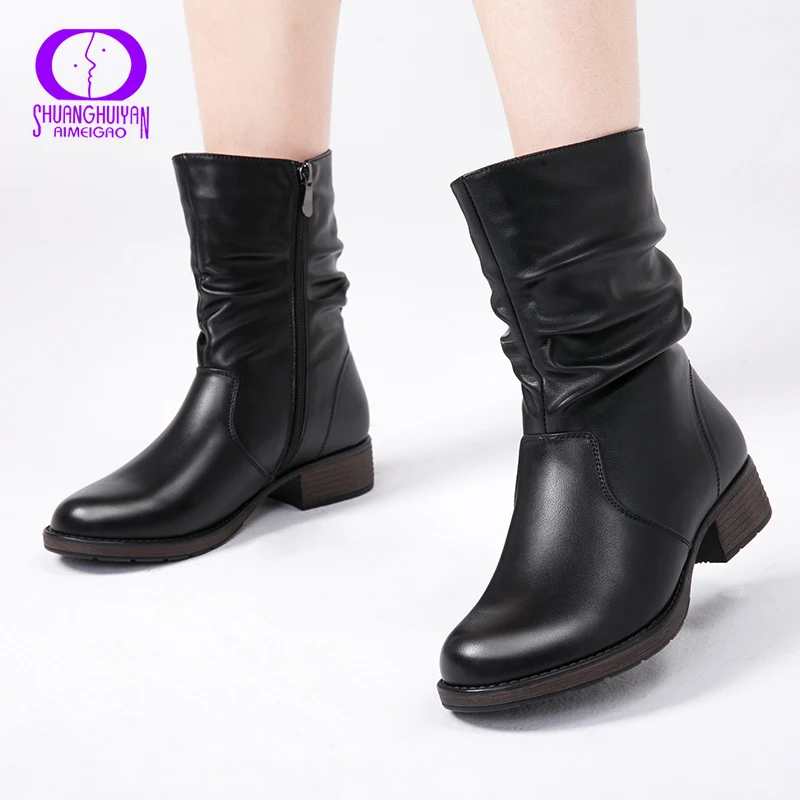 Comprar AIMEIGAO alta calidad botines de mujer planos estilo Retro botas cortas al tobillo botas cálidas de mujer Botines planos de piel suaves