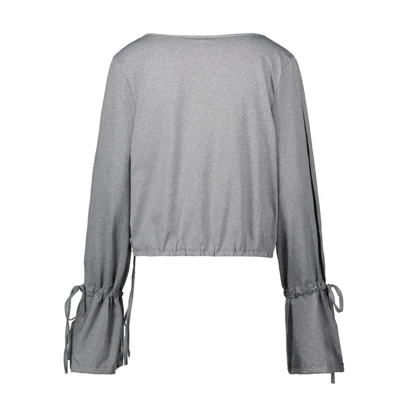 Short Sexy T-shirt Women Deep V Neck Full Sleeve Crop Top Trumpet long-sleeved solid loose T shirt Short Sexy T-shirt Women Deep V Neck Full Sleeve Crop Top Trumpet long-sleeved solid loose T shirt