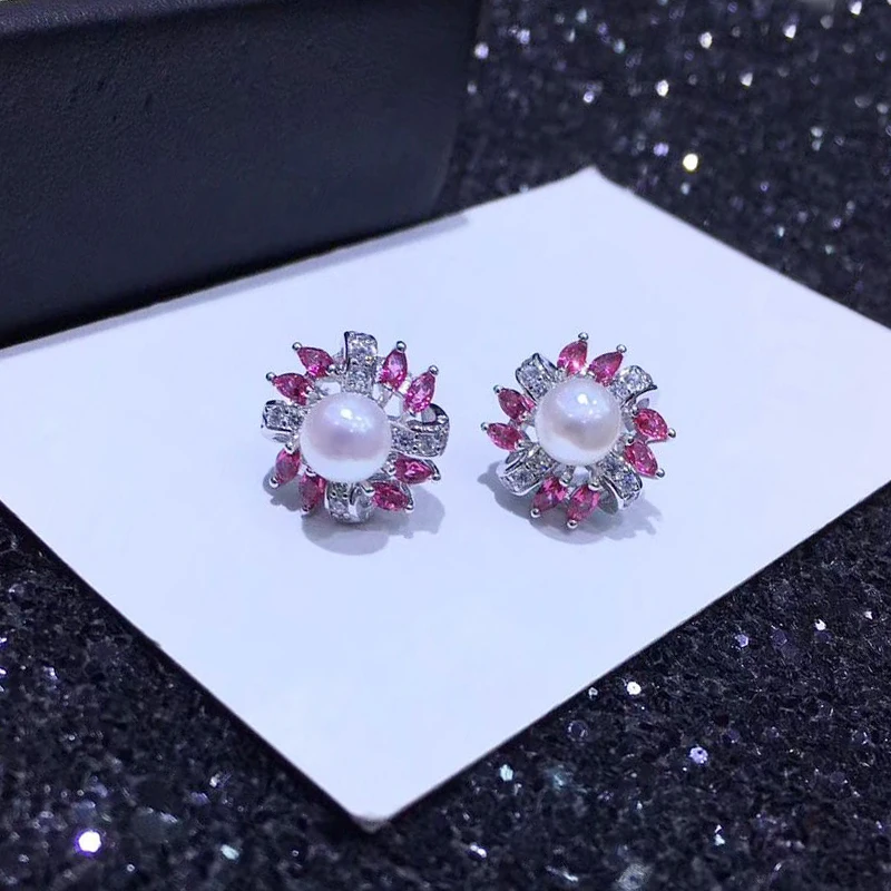 

Natural pearl earrings for Women 925 Sterling Silver earrings red rose flowers female stud Earrings Wedding party birthday gift