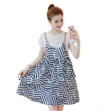 Maternity Suits 2018 Summer Geometric Stripe Pattern Strap Dress + Short-sleeved T-shirt  Clothes for Pregnant Women QL8808
