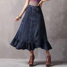 [YaLee] Новая мода лето осень простая на шнуровке кнопка на молнии сшивание нерегулярные Rufles джинсовая юбка половина тела для женщин A839