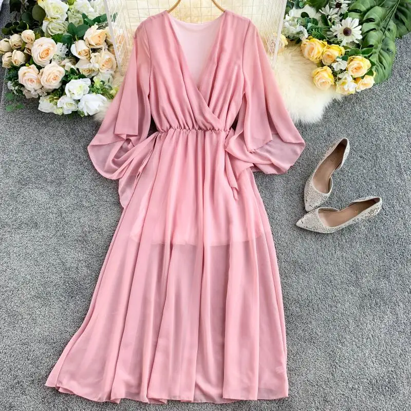 

Chiffon Dress 2019 Women New Sexy V Collar High Waist Flare Sleeve Elegant Solid Color Vestidos H620