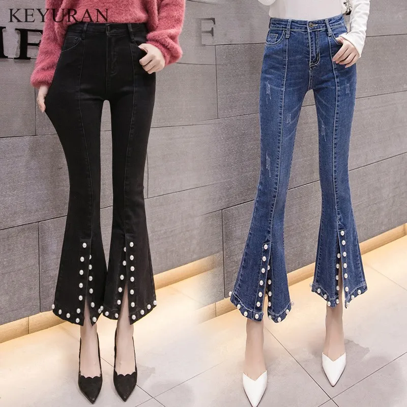 

Denim Pants Women 2019 Spring Autumn New Fashion Trumpet Trousers Female Korean Style Slim Stretch Split Bead Pearl Jeans L2368