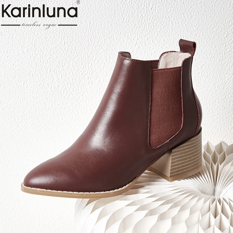 

Karinluna 2019 dropship brand design natural cow genuine leather chelsea Boots chunky heels women ankle Boots Shoes