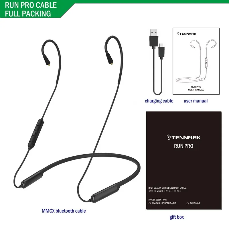 TENNMAK RUN PRO MMCX Neckband Bluetooth Earphone Earbuds with APTX aptx APT-X& CVC6.0 for UE900 SE215 SE315 SE846 SE535 SE425 - Цвет: only bluetooth cable