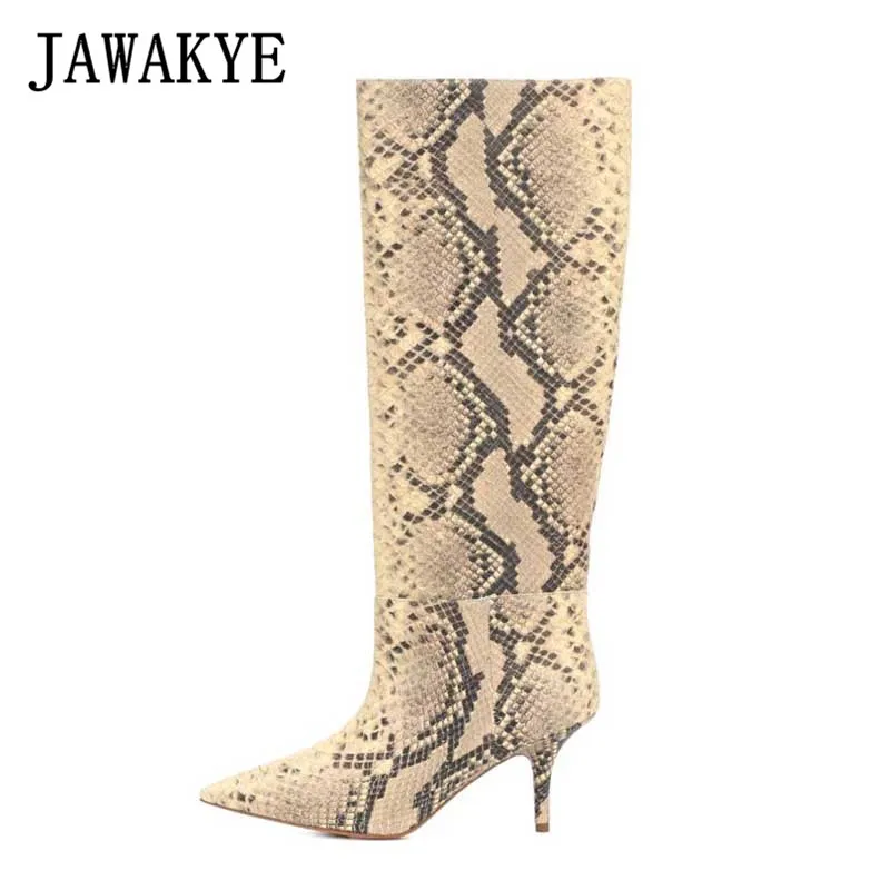 

2019 Runway Apricot Snake print knee high boots women sexy pointed toe thin high heels party boots zapatos de mujer