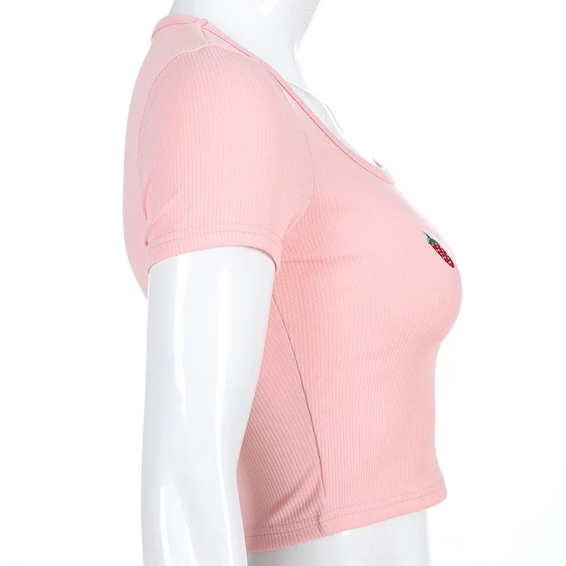 Новинка лета, женские розовые облегающие короткие футболки с круглым вырезом и вышивкой клубники, женская одежда F4