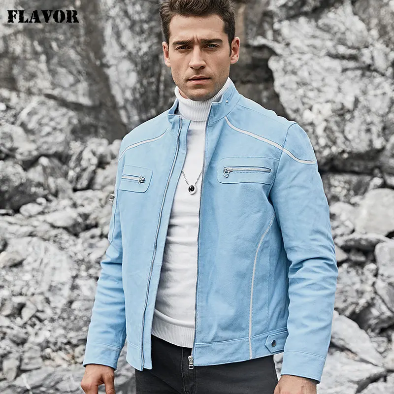 Kожаная куртка мужская FLAVOR, голубая байкерская куртка из натуральной свиной кожи с воротником стойка, на весну-осень - Цвет: Blue