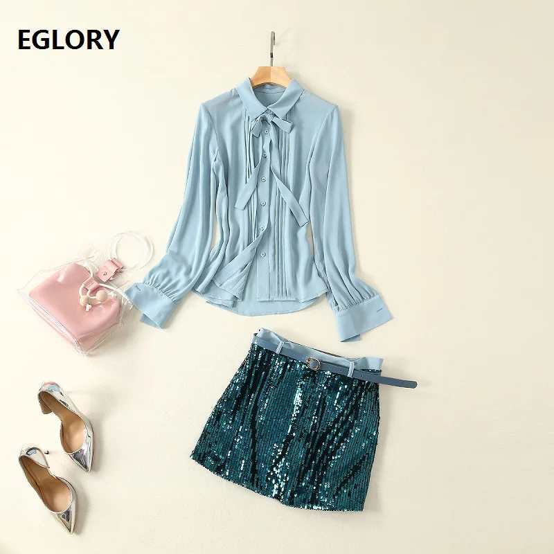 Tweedelige Set 2019 Zomer Fashion Mini Club Rok Pak Vrouwen Turn-down Kraag Lange Mouw Blauw Shirt + lovertjes Rok Set Kleding Tweedelige Set 2019 Zomer Fashion Mini Club Rok Pak Vrouwen Turn-down Kraag Lange Mouw Blauw Shirt + lovertjes Rok Set Kleding