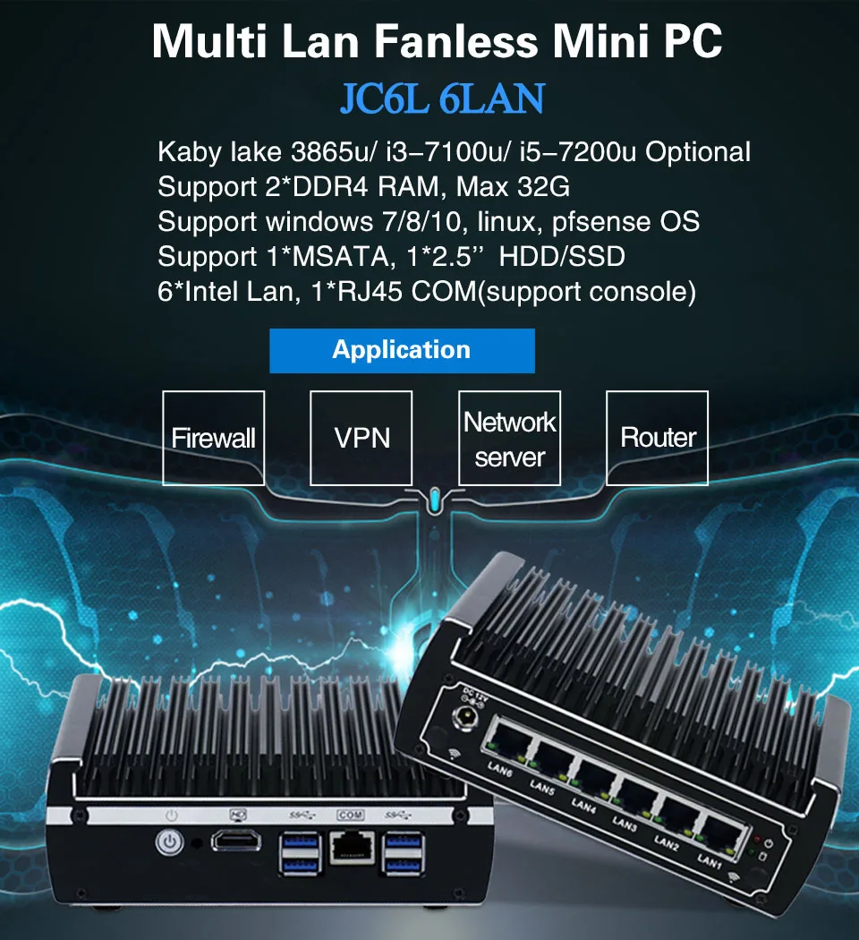 6 Ethernet LAN безвентиляторный pfsense Мини ПК core i3 7100u DDR4 ram AES-NI linux брандмауэр Pfsense маршрутизатор сетевой сервер