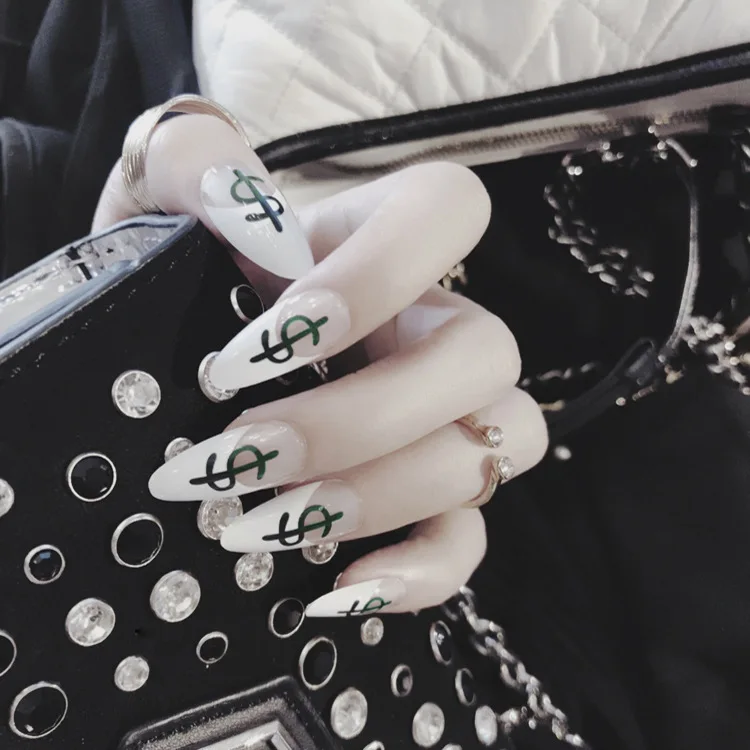 

2018 New Popular Fashion money printing Fake Nail long Sharp head False Nail 24pcs/lot Faux Ongles French Flash nails With glue