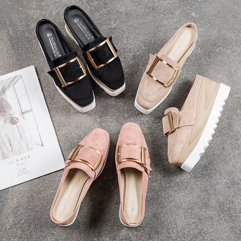 

Woman Mules Shoes Square Toe Slippers Metal Buckle Sandals Baotou Platform Shoes Wedges Slippers Black Khaki Pink Zapatos Mujer