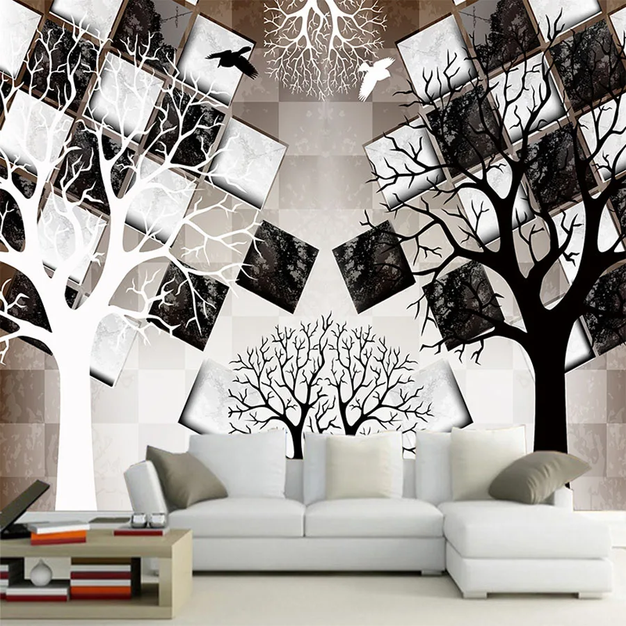 Keren Hitam Putih Pohon Cek Bata Natrual 3d Foto Mural Wallpaper