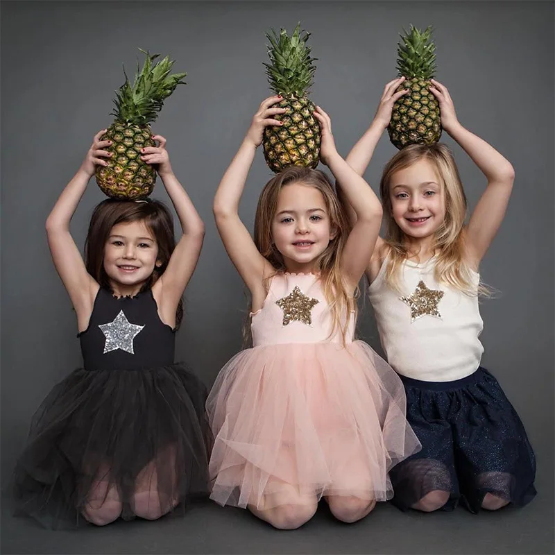 

2019 Summer New Girls Dresses Star Lace Stitching Dress Cotton Sleeveless Children's Dress Children's Dress Ball Gown