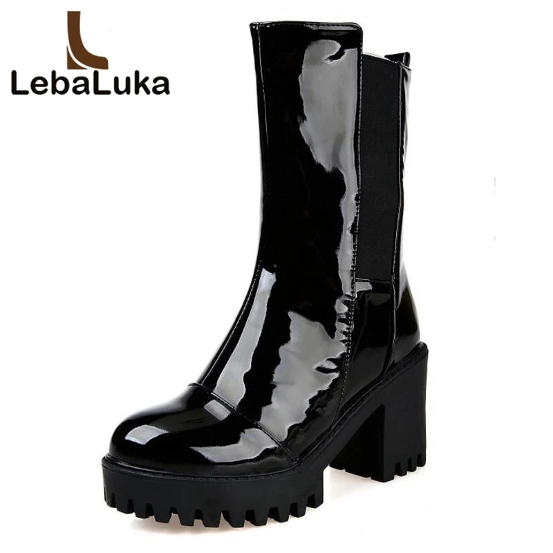 

Tuyoki New Mid Calf Women Boots Thick Heels Short Boots Fur Platform High Heels Boots Shine Fashion Warm Shoes Size 34-43