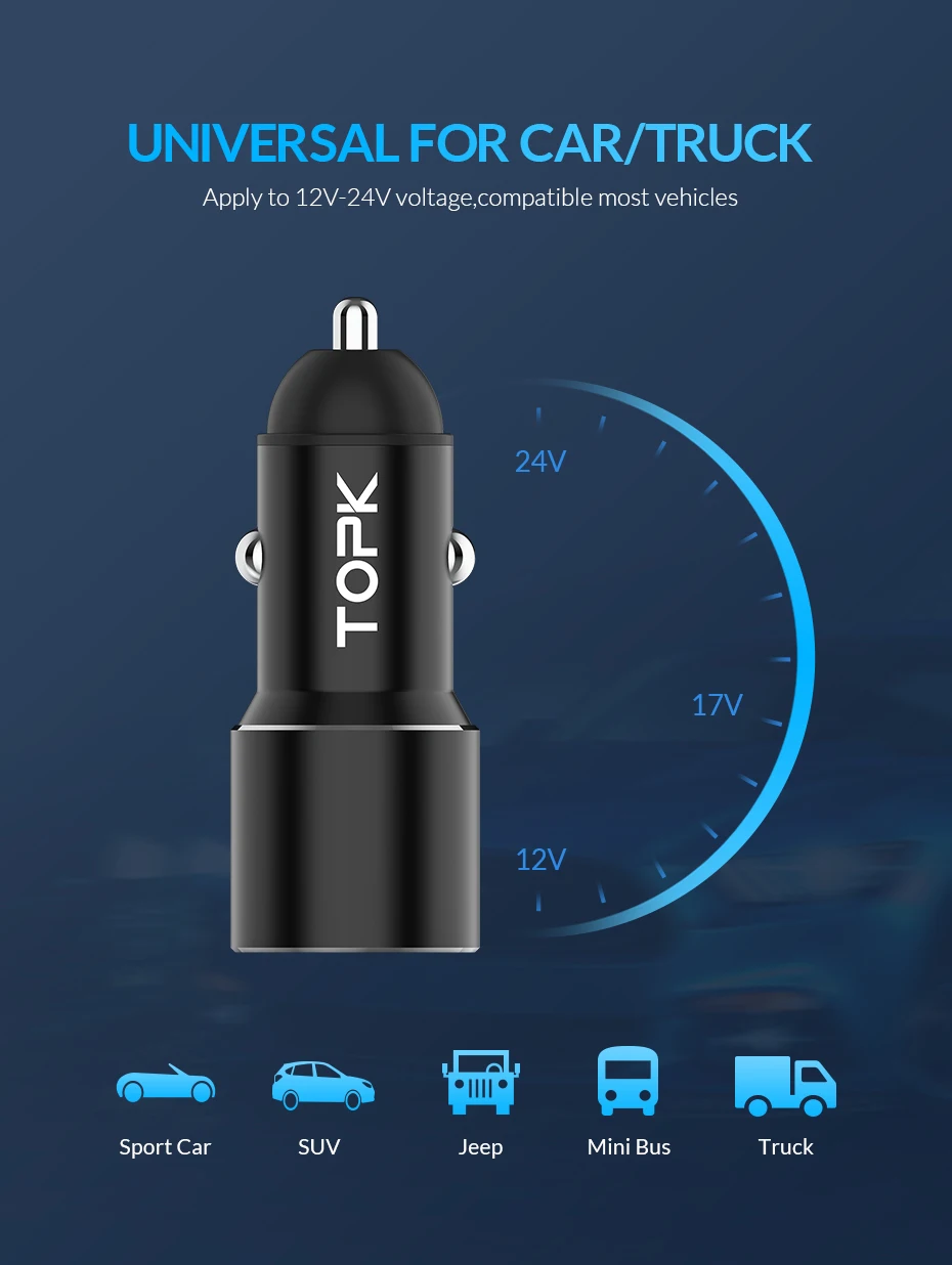 TOPK Dual USB Автомобильное зарядное устройство для iPhone Quick Charge 3.0A быстрое зарядное устройство автомобильное зарядное устройство для телефона Xiaomi samsung зарядное устройство для телефона в автомобиле