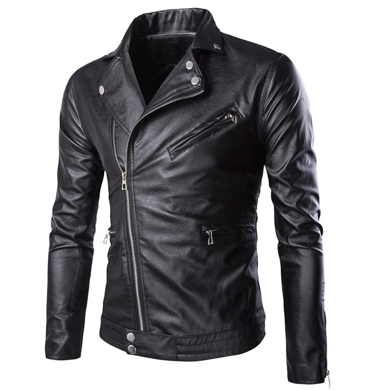 Autumn Men's Popular Handsome PU Leather Jacket Punk New Blue Black Leather Jackets Oblique Zipper Men  Size M-3XL 4XL 5XL