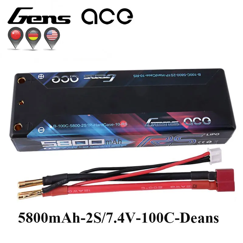 Gens ace 7.4V 5800mAh 100C-200C Lipo 2S Battery Pack Deans Plug Reliable Power for Racing Car High Performance